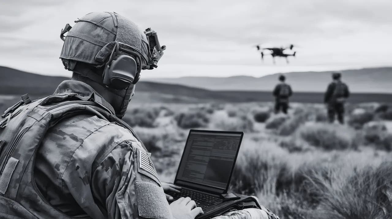 Slide 1 - Military individual behind a laptop in an open field