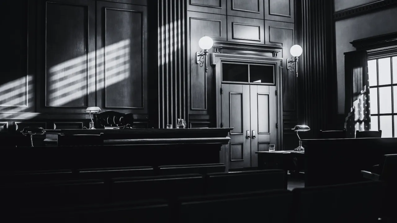Slide 3 - A wooden door with a light fixture on the wall and a desk with a light fixture on it and half a glass of water