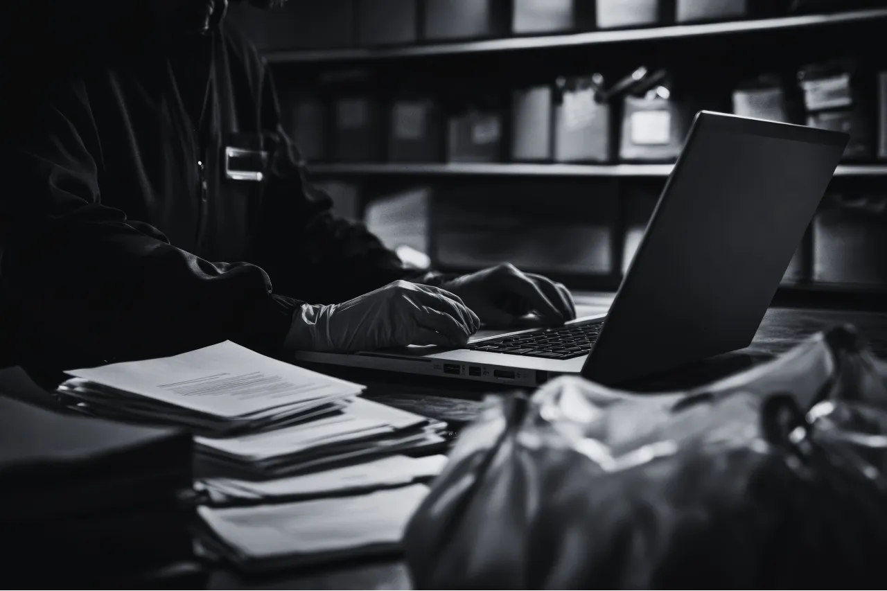 Slide 4 - Hands in gloves resting on an open laptop on a desk with stacks of paper