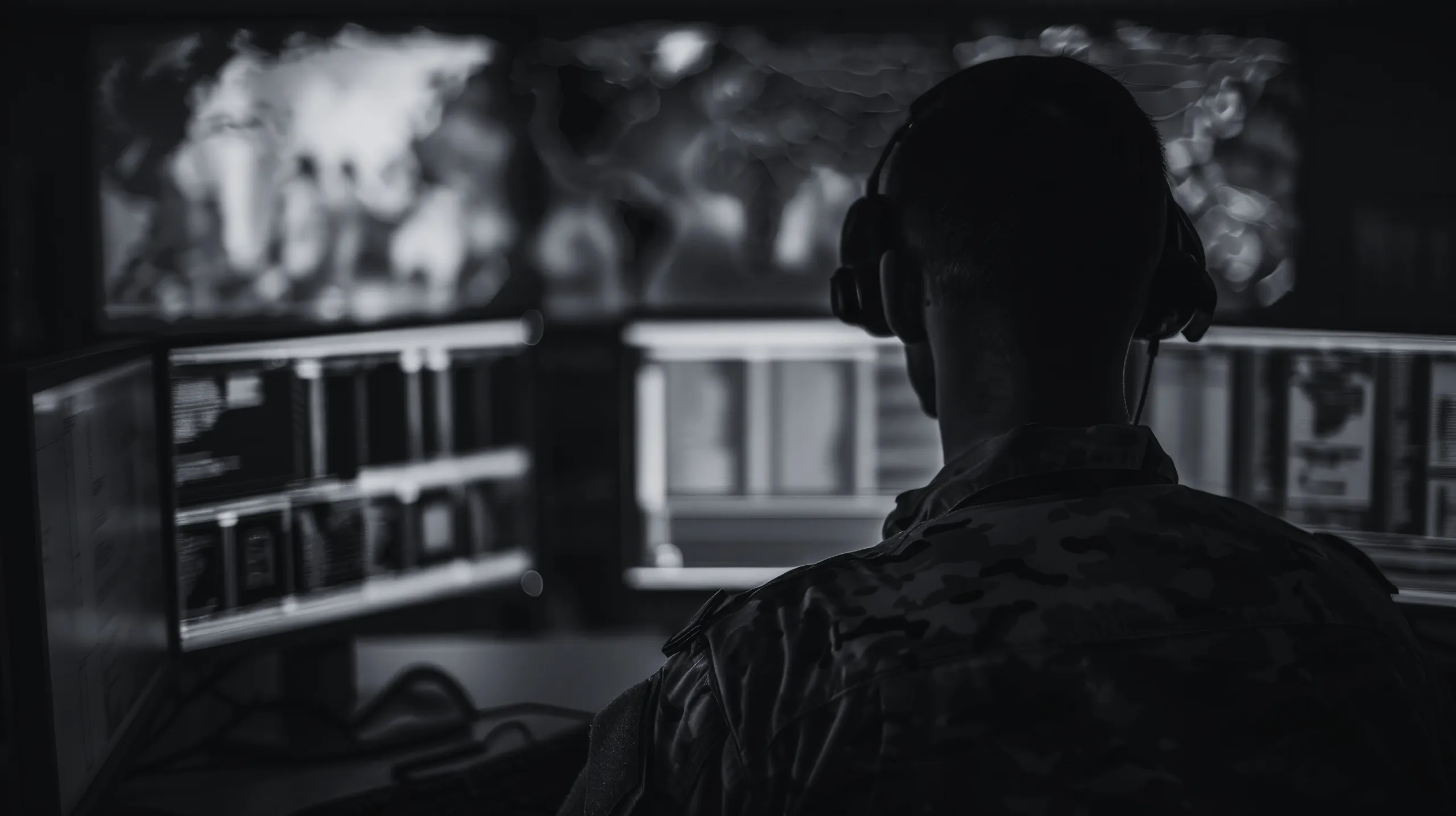 Slide 2 - Military individual wearing a headset sitting behind three monitors